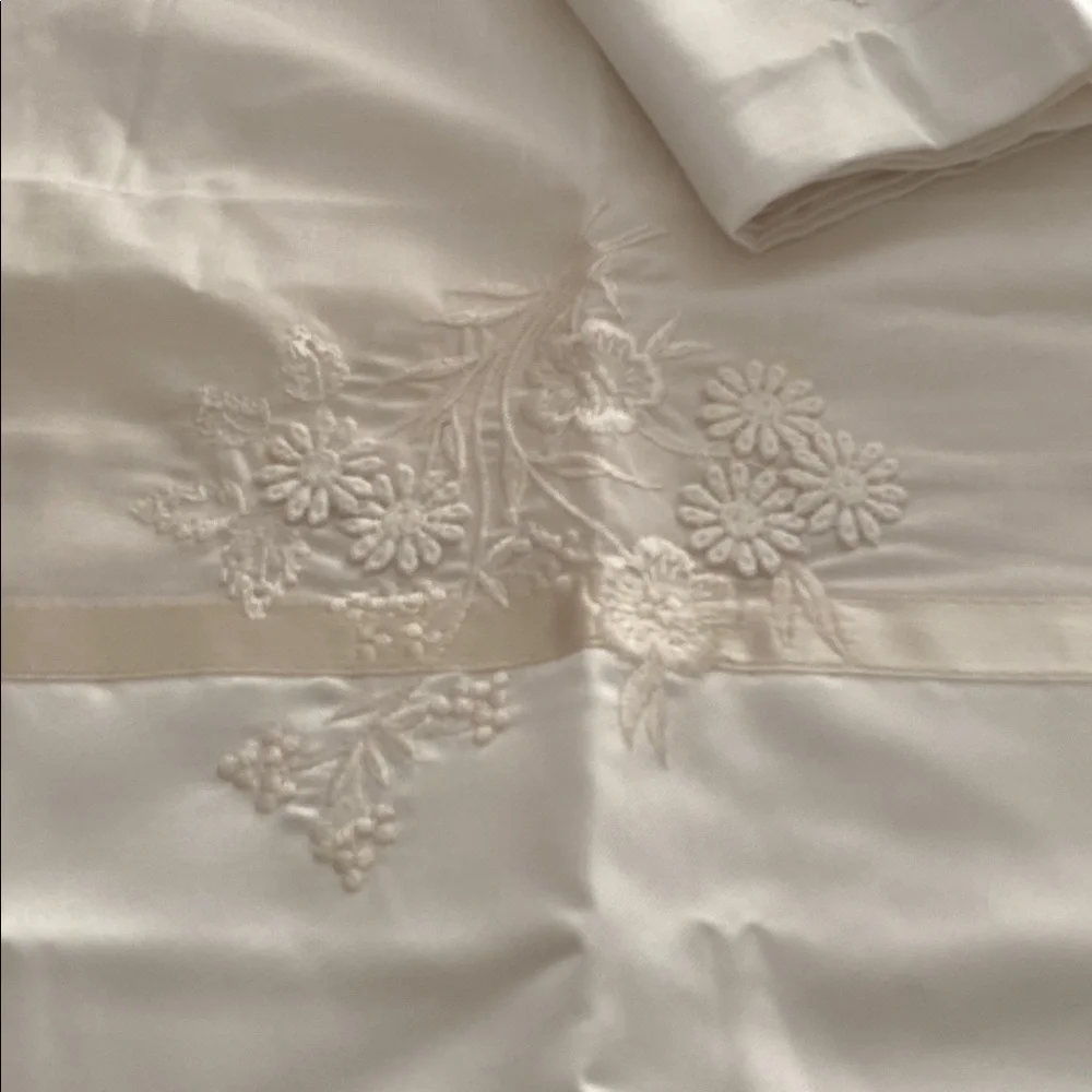 Vintage white hand Embroidered flat sheet pillowcase combo Bedding Set queen